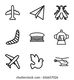 Flight icons set. set of 9 flight outline icons such as helicopter, fly, airport, boomerang, paper airplane, plane, luggage compartment in airplane