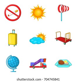 Flight icons set. Cartoon set of 9 flight vector icons for web isolated on white background