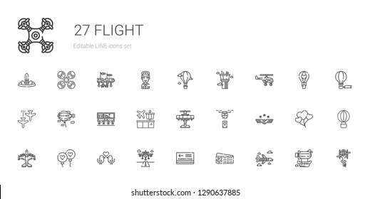 flight icons set. Collection of flight with airplane, plane ticket, pass, runway, love birds, balloon, air force, drone, airport, zeppelin. Editable and scalable flight icons.