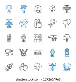 flight icons set. Collection of flight with airship, runway, balloons, love birds, space shuttle, pilot, boarding pass, drone, zeppelin, hot air balloon. Editable and scalable flight icons.