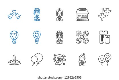 flight icons set. Collection of flight with balloon, stewardess, airplane, balloons, feathers, boarding pass, drone, pilot, hot air balloon. Editable and scalable flight icons.