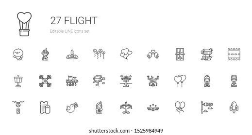 flight icons set. Collection of flight with balloons, air force, airplane, stewardess, pigeon, boarding pass, drone, runway, zeppelin, control tower. Editable and scalable flight icons.