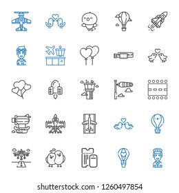 flight icons set. Collection of flight with pilot, hot air balloon, boarding pass, love birds, runway, airplane, airship, windsock, control tower. Editable and scalable flight icons.