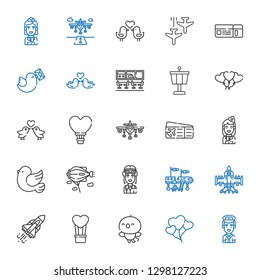 flight icons set. Collection of flight with pilot, balloons, bird, hot air balloon, space shuttle, airplane, zeppelin, pigeon, stewardess. Editable and scalable flight icons.