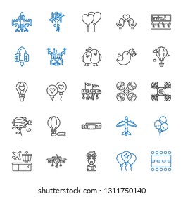 flight icons set. Collection of flight with runway, balloon, pilot, airplane, airport, balloons, belt, hot air balloon, zeppelin, drone, pigeon. Editable and scalable flight icons.