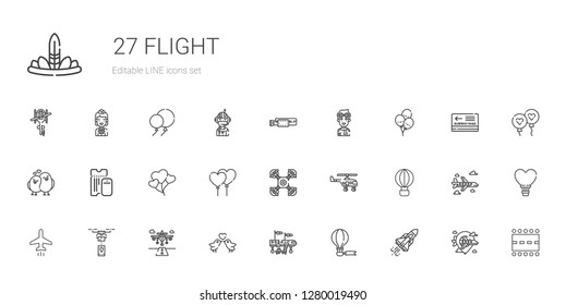 flight icons set. Collection of flight with space shuttle, hot air balloon, airplane, love birds, runway, drone, plane, helicopter, balloons. Editable and scalable flight icons.