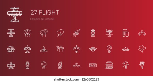 flight icons set. Collection of flight with tickets office, boarding pass, love birds, stewardess, hot air balloon, pilot, airplane, balloons. Editable and scalable flight icons.