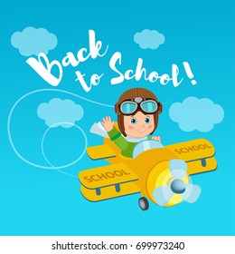 Vuelo De La Imaginación. Bienvenido De Nuevo A La Ilustración vectorial De La Escuela. Concepto de Educación de Anuncio. Pequeño Piloto En El Avión.