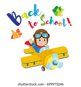 Flight Of Imagination. Welcome Back To School Funny Vector Illustration. Banner Education Concept. Little Pilot Kid On Airplane.