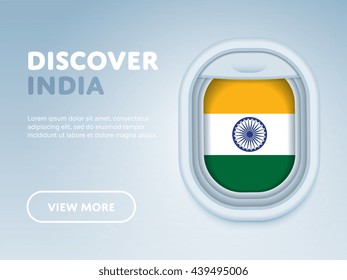 Flight to India traveling theme banner design for website, mobile app. Modern vector illustration. Vacation. Tourism concept. Travel banner. Adventure in India. Journey concept.
