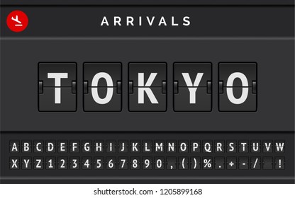 Flight info of destination in Japan: Tokyo typed by airport flip board mechanical font with airplane arrival icon . Vector illustration