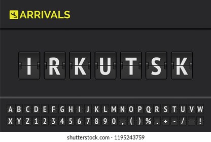 Flight info of destination in Syberia : Irkutsk typed by airport flip board mechanical font with airplane arrival icon. Vector