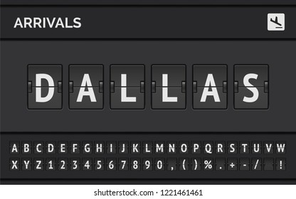 Flight info of destination in USA: Dallas typed by airport flip board mechanical font with airplane arrival icon . Vector illustration