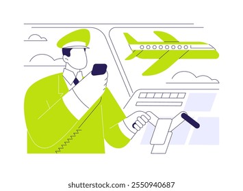 Ilustração de vetor de conceito abstrato de informações de voo. Capitão falando, piloto falando com os passageiros, fazer anúncio, transporte aéreo, transporte aéreo comercial metáfora abstrata.