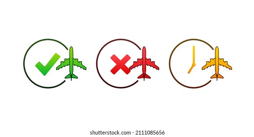 Marca de verificación de información de vuelo. Icono de exploración de código Qr. Marca de exclamación. Tiempo de viaje.