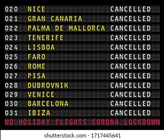 Flight information display  showing cancelled  holiday flights because of corona epidemic warning, vector