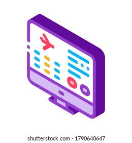 Fluginformationen Website Symbol Vektor. Isometrische Fluginfo auf dem Computerbildschirm-Konzept Linear Piktogramm. Zeichen von Luftfahrzeugen des Luftverkehrs. farbige einzelne Symbolillustration