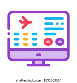 Flight Information Web Site Icon Thin Line Vector. Flight Info On Computer Screen Concept Linear Pictogram. Air Transport Aircraft Color Symbol Illustration