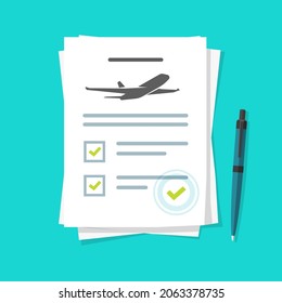 Flight insurance checklist paper form document vector or business airlines risk safety assurance agreement policy flat cartoon illustration, concept of travel by plane coverage protection doc