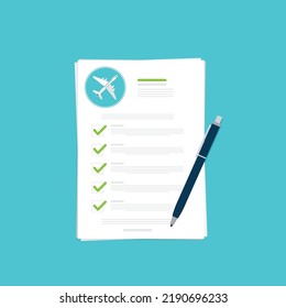 Flight insurance document. Airlines risk safety assurance agreement, checklist. Airplane travel coverage protection.