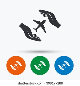 Flight insurance icon. Flat plane symbol.  Signs in circles. Round buttons for web.