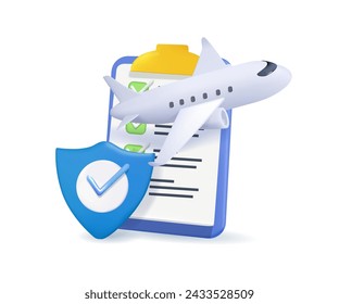 Flight insurance policy with plane travel tourism trip. Life insurance. Tourism plane trip planning world tour with shield protection icon. 3d icon vector airplane illustration