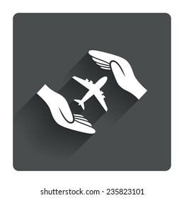 Flight insurance sign icon. Hands protect cover plane symbol. Travel insurance. Gray flat square button with shadow. Modern UI website navigation. Vector