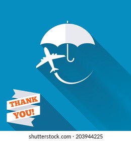 Flight insurance sign icon. Safe travel symbol. White flat icon with long shadow. Paper ribbon label with Thank you text. Vector