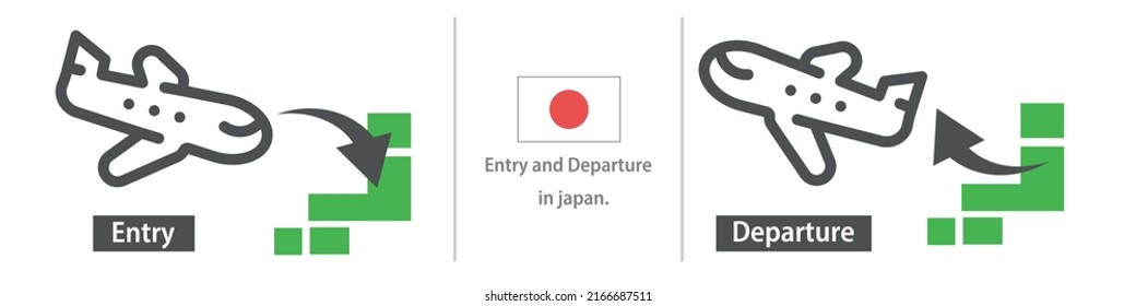 Flight into and out of Japan. Traveling in Japan. Japanese flag and map of Japan. Vector.