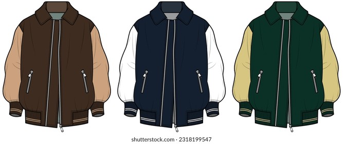 Chaqueta de Vuelo, Chaqueta de Varsity, Vista frontal y posterior de la Chaqueta de Bomber. Hombres, mujeres, Ilustración Unisex Fashion, Vector, CAD, Dibujo Técnico, Plano Plano, Plantilla, Mockup.