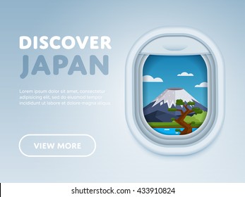 Flight to Japan. Discover Japan banner with airplane porthole window showing view on fujiyama mount. Worldwide traveling by plane. Touristic flight to Japan. Tourism and vacation vector illustration
