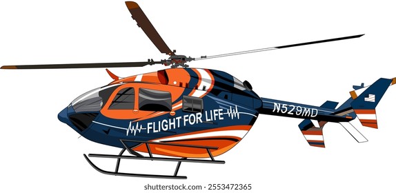 The "Flight for Life" helicopter features a dynamic orange and navy blue design with bold lettering. Equipped for emergency medical transport, it symbolizes speed, care, and lifesaving air services.