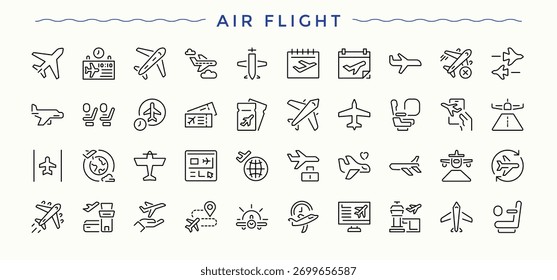 Ícone de linha de voo definido. Coleção de ícones de vetor. Pixel perfeito. Ilustração vetorial. Conjunto de ícones de aviação. Contém símbolos de estrutura de tópicos como avião, avião, avião, ar, pouso, transporte e muito mais.