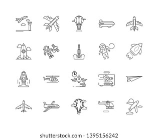 Flight  line icon signs. Linear vector outline illustration set concept.