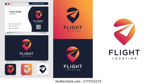 Flight location logo and business card design. pin, map, location, flight, plane, icon Premium Vector