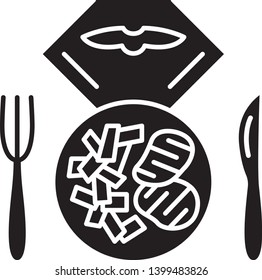 Flight lunch vector glyph icon. Food on plate. Airplane nutrition. Cutlery. Plane dinner. Jet menu. Aviation service. Aircraft travel. Silhouette symbol. Negative space. Isolated illustration