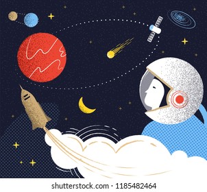 Flight to Mars. Illustration in rerto style.