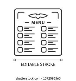 Flight menu linear icon. Airplane nutrition. Aircraft meal. Plane dinner. Restaurant lunch. Aviation service. Thin line illustration. Contour symbol. Vector isolated outline drawing. Editable stroke