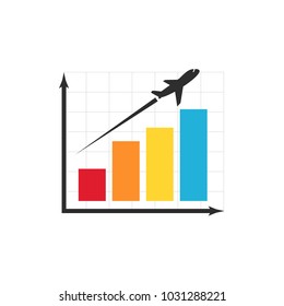 Flight miles bonuses vector icon. Airplane fly up over diagram isolated illustration