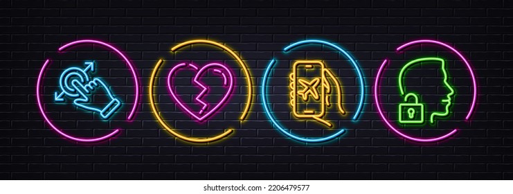 Flight mode, Broken heart and Touchscreen gesture minimal line icons. Neon laser 3d lights. Unlock system icons. For web, application, printing. Smartphone app, Love end, Drag drop. Vector