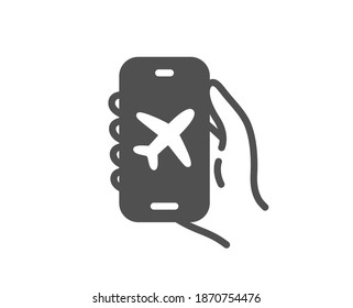 Flight mode icon. Hand hold phone sign. Cellphone with app screen notification symbol. Quality design element. Flat style flight mode icon. Editable stroke. Vector