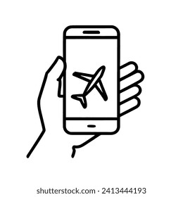 icono del modo de vuelo en smartphone aislado en fondo blanco. mano sujetando el smartphone. Icono de modo de vuelo de estilo de línea