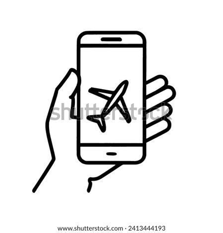 flight mode icon on smartphone isolated on white background. hand holding smartphone. Line style flight mode icon