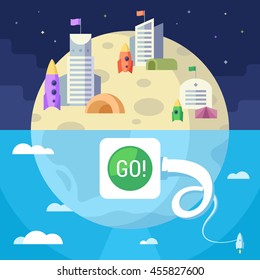 Flight to the moon. Illustration in flat style. Color 1.