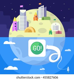 Flight to the moon. Illustration in flat style. Color 2.