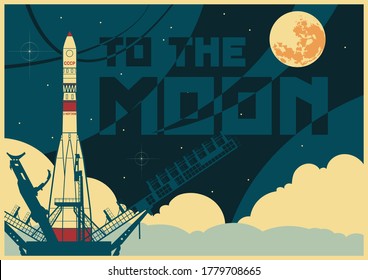 Flight to the Moon, Space Rocket launch, Old Soviet Space Illustration Style 