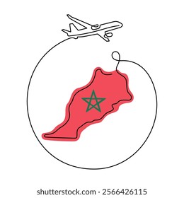 Flight to or from Morocco. Map of Morocco and airplane.