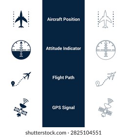 Flight navigation and satellite telemetry solid glyph vector icon set featuring airplane position, gyro attitude indicator, flight path route, and gps satellite antenna.