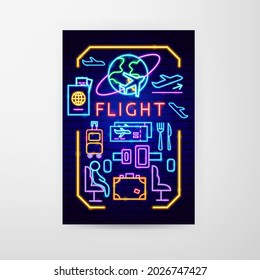 Flight Neon Flyer. Vector Illustration of Airplane Promotion.