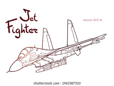 Flight of the newest russian jet fighter aircraft. Vector freehand draw. Red lines isolated on white background.